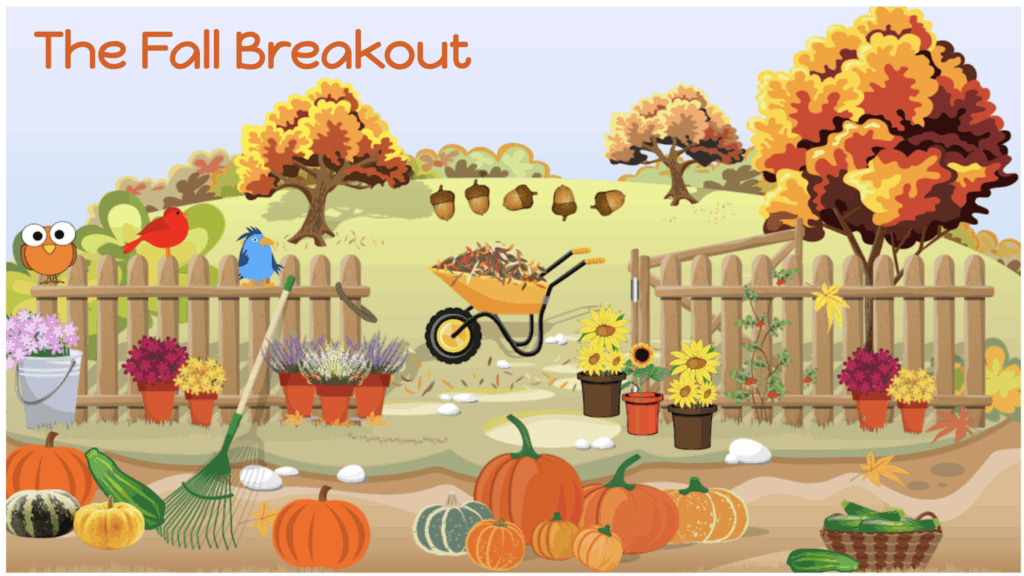 Colorful fall-themed garden scene titled “The Fall Breakout,” featuring pumpkins, sunflowers, potted flowers, a wheelbarrow full of leaves, birds, acorns, and autumn trees with orange, red, and yellow foliage.